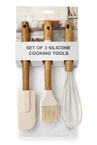 BU Wear Ahşap Saplı 3’lü Silikon Mutfak Gereçleri Seti | Isıya Dayanıklı Spat...