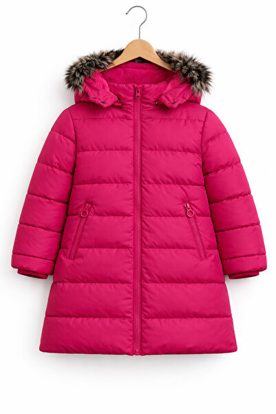 REGOS Kız Çocuk Fuşya Şişme Mont Kapüşonlu Kürklü Kışlık Uzun Model
