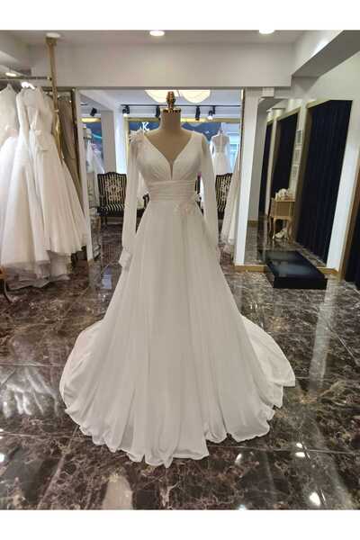 DOKKA WEDDİNG ŞİFON OMUZ VE BEL DANEL DETAYLI DRAPELİ TASARIM GELİNLİK