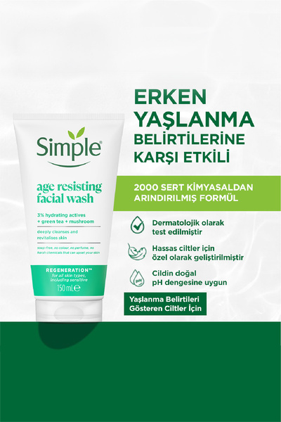 Simple Regeneration Yeşil Çay ve E Vitamini ile Yaşlanma Karşıtı Yüz Yıkama Jeli 150 ML 3'lü Set