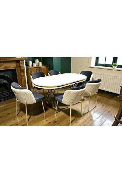 MSY HOME 6 Kişilik Aura Gold Serisi Beyaz Lake Oval Yemek Masası ve Puffy Antrasit Sandalye Takımı Modern