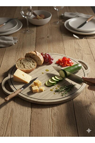 selinaksesuar Modern Design Wooden Cutting Board with Handle, Chopping Board, Serving Board and Presentation Board, Pizza Serving Plate