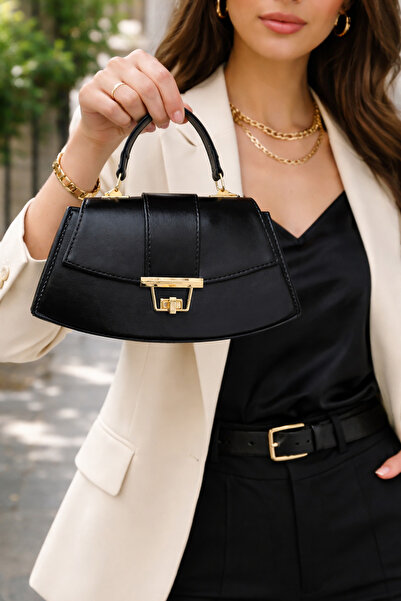 ARLEN STUDIO LUNA Kadın, Siyah, Gold Detaylı El & Omuz Çantası – Kutu Form, A...