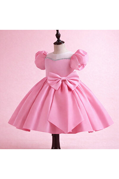 MUSGEM فستان سهرة للفتيات بتصميم خاص باللون الوردي مع تفاصيل من الأحجار الكريمة وأكمام بالون وتفاصيل فيونكة