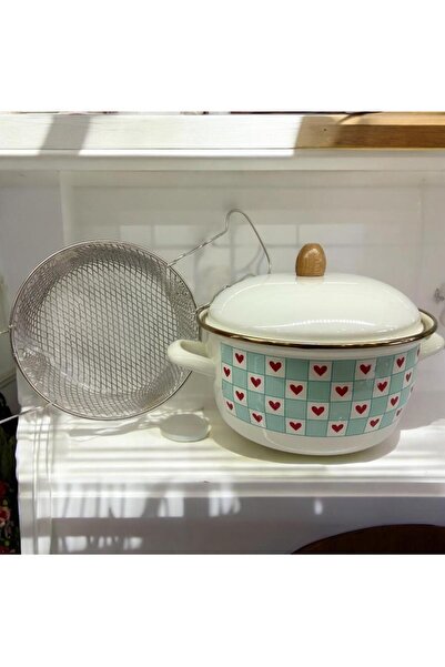ALEV EMAYE Emaye Kızartma Tenceresi -22CM- Tel Süzgeçli – Kalpli Desen | Kapa...