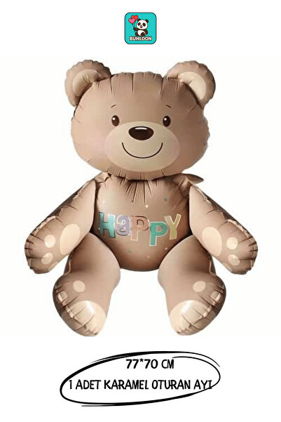 Bunloon Happy Yazılı Oturan Karamel Ayı Folyo Balon 77×70 cm Doğum Günü Parti...