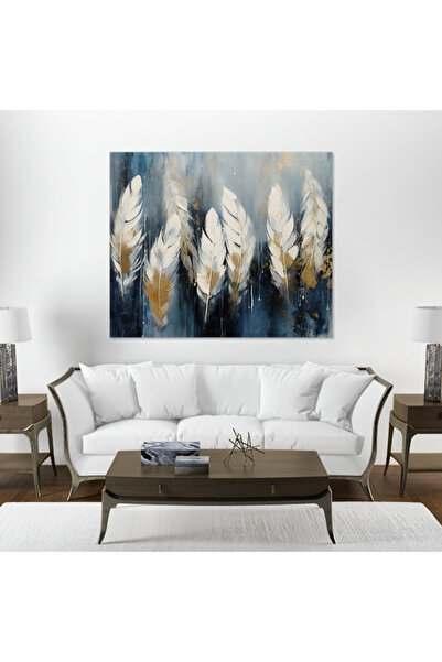 Printoot Feather Canvas Art Print |Navy Gold Abstract for Boho Chic Home Accessories