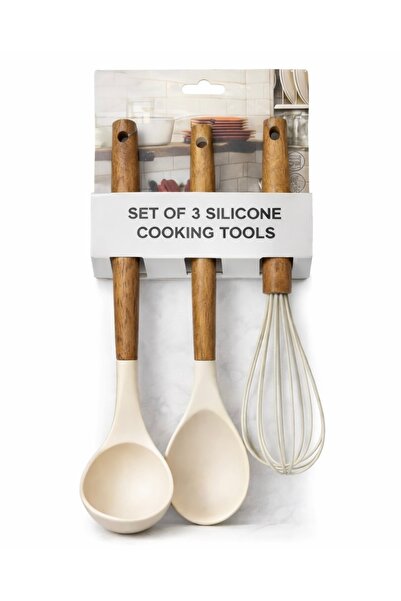 BU Wear Ahşap Saplı 3’lü Silikon Mutfak Gereçleri Seti | Kepçe, Servis Kaşığı...