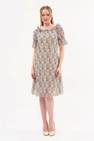 Sereia Women's Beige Ruffled Sleeve Patterned Boat Neck Midi Dress - Beige - Sreia39M03K-9I5-38Bej