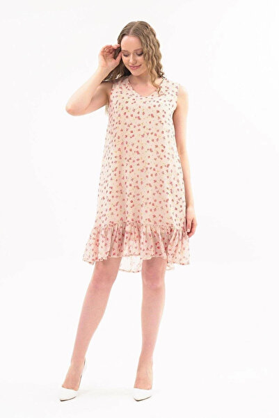 Sereia Women's Beige Patterned Elegant Midi Length Sleeveless Dress - Beige - Sreia43S26W-9A5-40Bej