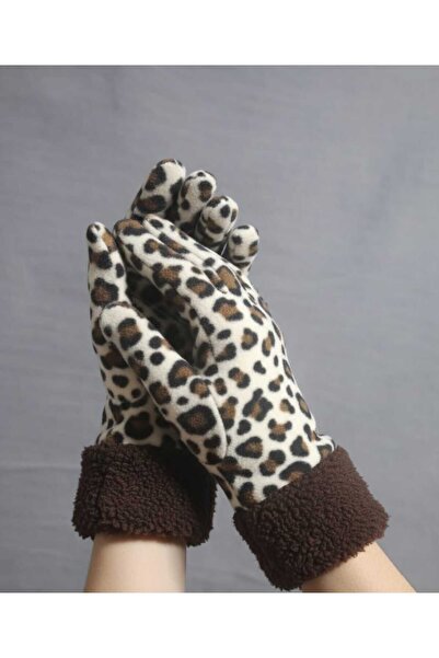 Modalight Kadın,Leopar Desenli,Termal,Bileği Peluş,Polar Eldiven