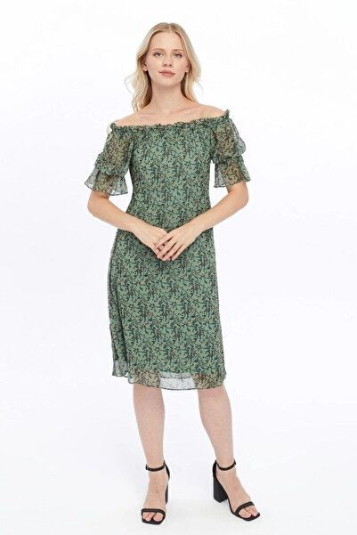 Zeta Group Women's Khaki Ruffle Sleeve Patterned Boat Neck Midi Dress - Green - Ilc2.39I03C-9W5-40Haki