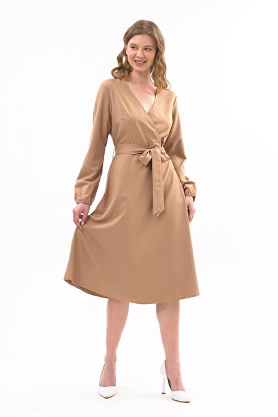 Sereia Women's Tie Waist V-Neck Camel Casual Midi Dress Plus Size - Cream - Sreia43K38G-1C10-48Btl-Cam