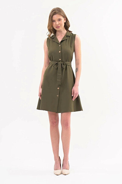 Selkar Global Women's Tie-Waist Shirt Collar Full-Length Flared Khaki Midi Dress - Dark Green - Selkr43C30Q-9E5-44Haki