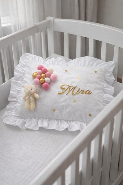 Bonika Ruffled 100% Cotton Baby Jewelry Pillow with Bubble Teddy Bear