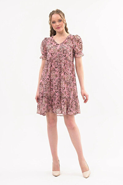 Zeta Group Women's Powder Shirred Detailed Pleated Patterned Elegant Dress - Powder - Ilc2.43S16W-9A5-40Pud