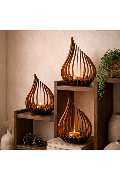 Sara Atelier Tealight Mumluk İçin Dekoratif Ahşap Mumluk – 3’lü Mumluk Seti (...