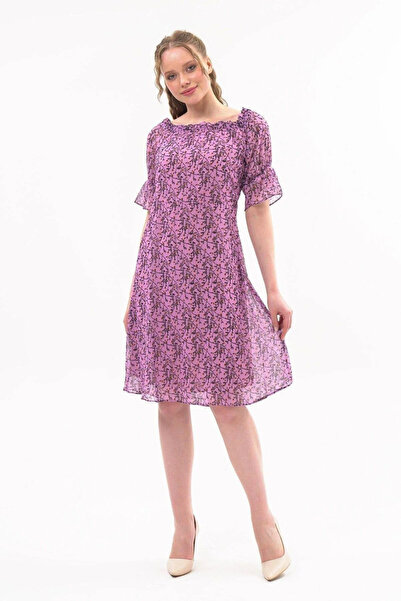 Mona Group Women's Lilac Ruffle Sleeve Patterned Boat Neck Midi Dress - Lilac...