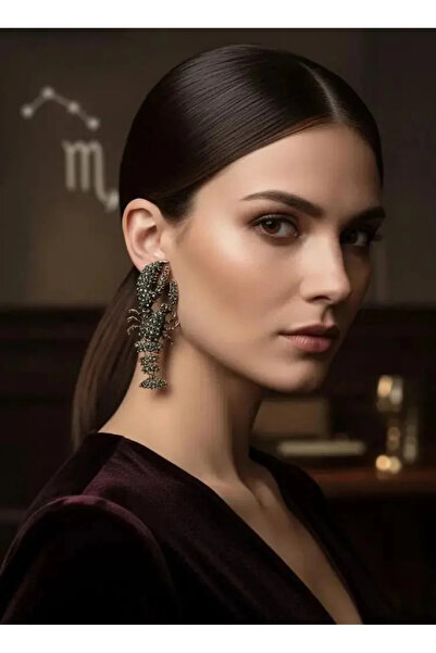 Dorvina Black Zircon Stone Antique Gold Detailed Zr Brand Scorpion Model Long Women's Earrings