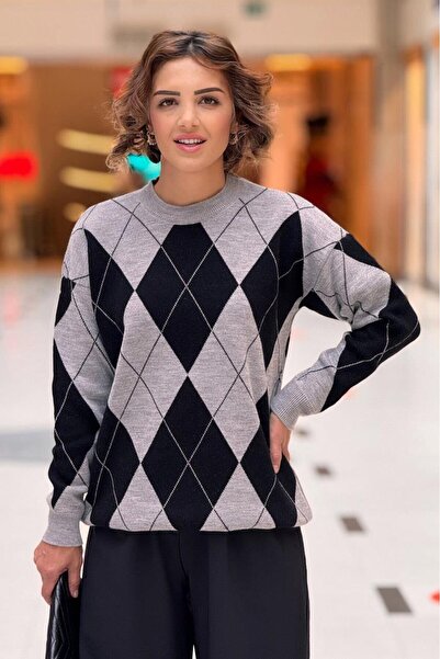 MODA BORSASI Crew Neck Diamond Pattern Striped Sweater Tunic