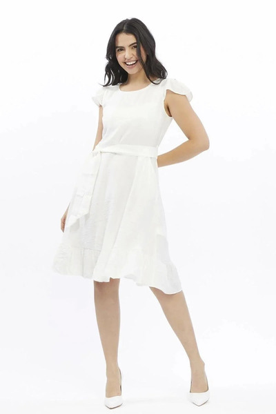 Zeta Group Women's White Zero Sleeve Shoulder Detail Ruffle Sleeve Pleated Midi Dress - White - Ilc2.38M86K-1I00-40Be