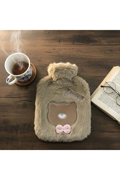 Marsilyan Brown Figured Plush Hot Water Bag with Bow Tie and Teddy Bear 1 Lt – Soft Cover, Long