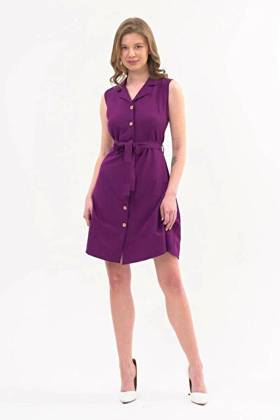 Selkar Global Women's Tie-Waist Shirt Collar Split Hem Purple Midi Dress - Purple - Selkr43Y30I-9S5-38Mor