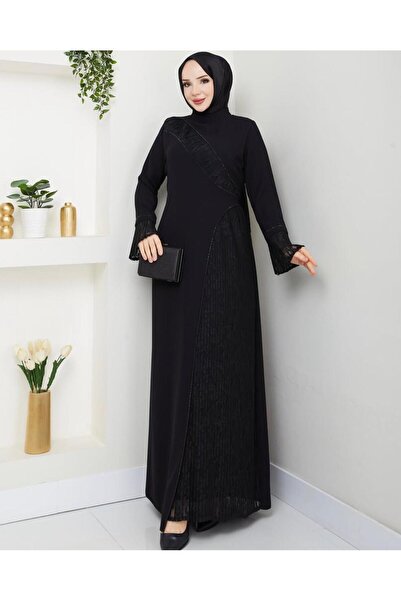 Aydoğan Plus Size Black Lace Detailed Hijab Evening Dress