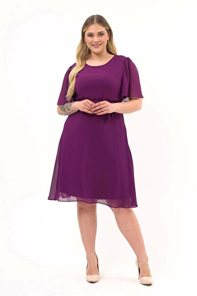 Astra Plus Rochie midi din șifon mov guler rotund pentru femei, cu curea, măr...