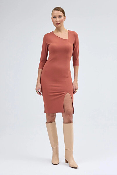 Sereia Women's Slit Asymmetric Collar Dusty Rose Midi Dress - Dusty Rose - Sreia37G69Y-1Q00-38Gul