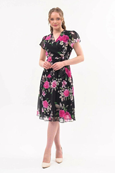 Zeta Group Rochie midi din șifon cu model floral cu șireturi în talie pentru ...