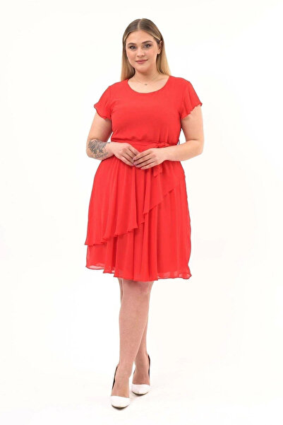 Sereia Women's Tulle Detailed Belted Crew Neck Pomegranate Flower Elegant Dress - Red - Sreia43O37O-1O10-40Nar