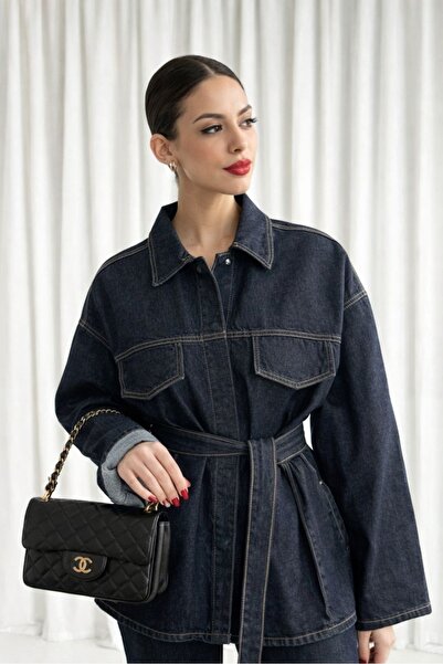 Bluewhs Women's Belted Oversized Denim Jacket City Style Premium Denim Coat