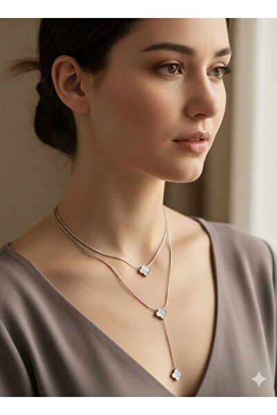 Nati Co Yonca Figürlü Çift Katlı Gümüş Renk Kadın Kolye – Minimal Tasarım