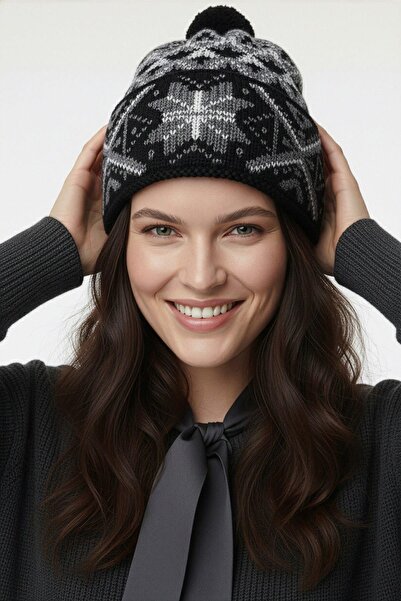 Ferraro Black Grey/White Patterned Soft Textured Knit Hat