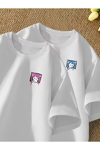 one button Sevimli Kedi Tasarım Çift Sevgili Kombini Basic Regular T-shirt 2'...