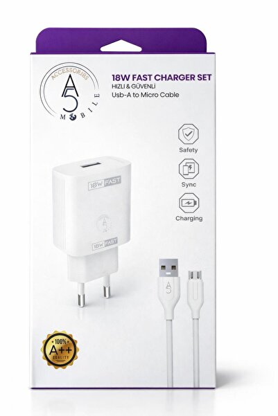 A5 MOBİLE ACCESSORİES 18W Hızlı Şarj Adaptörü + USB-A Mıcro Kablo Seti 1 Metre