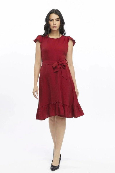 Sereia Women's Burgundy Zero Sleeve Shoulder Detail Ruffle Sleeve Pleated Midi Dress - Burgundy - Sreia38E86U-1K00-42Brd