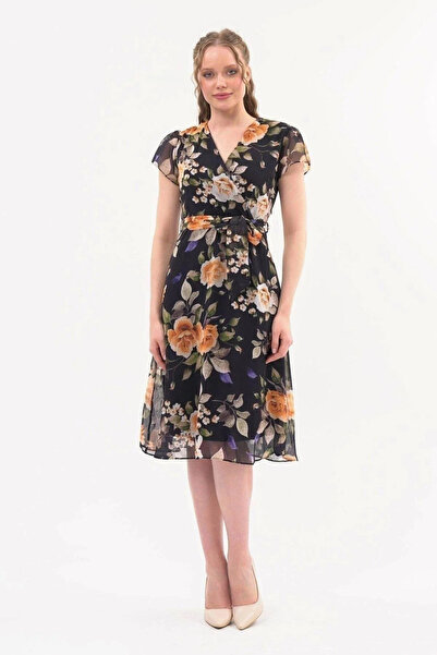 Mona Group Women's Mustard Waist Tie Floral Pattern Midi Chiffon Dress - Yell...