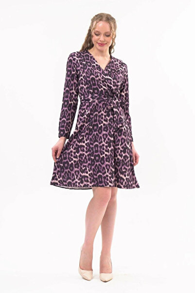 Astra Plus Women's Patterned Waist Tie Midi Purple Dress - Purple - Astps43C58Q-1E00-38Mor