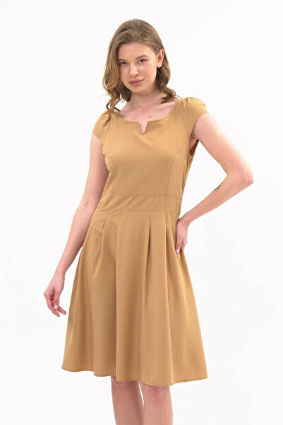 Selkar Global Women's Camel Drawstring Zippered Pleated Detailed Short Dress - Cream - Selkr39I01C-1W00-40Cam