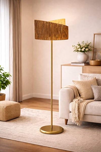 Solea Home Design Doğal Çift Başlıklı Lambader - Gold Metal Ayaklı - 150cm Bohem Rustik Salon ve Köşe Aydınlatması