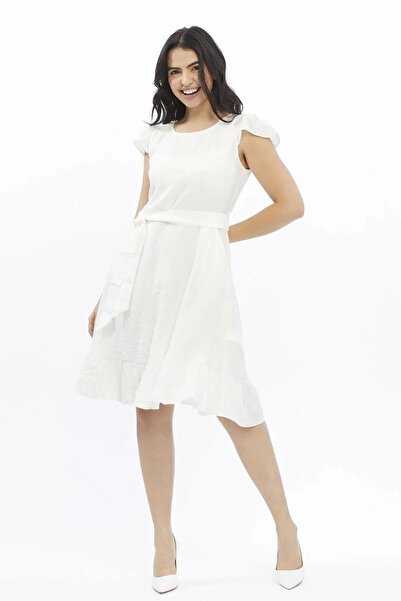 Astra Plus Women's White Zero Sleeve Shoulder Detail Ruffle Sleeve Pleated Midi Dress - White - Astps38H86A-1T00-38Be