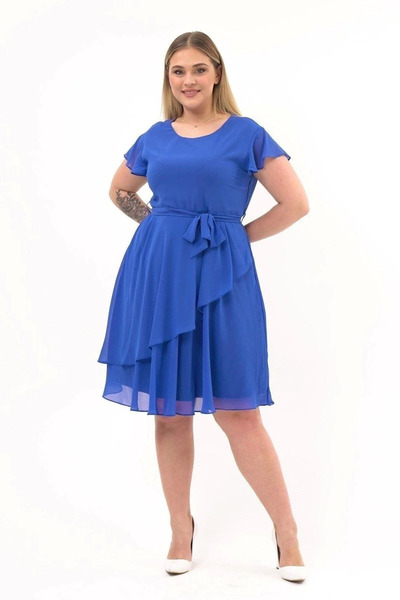 Zeta Group Women's Tulle Detailed Belted Crew Neck Cobalt Elegant Dress - Blue - Ilc2.43C37Q-1E10-38 Cobalt