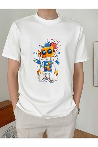 LELVANİ تي شيرت مطبوع عليه نمط الروبوت والتصميم التكنولوجي المستقبلي