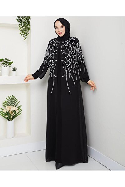 Aydoğan Plus Size Black Hijab Evening Dress with Silver Stone Detailing