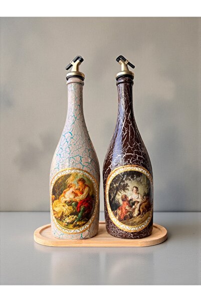 Mes Reves 750 ml Hand Painted Glass Oil Pot Set |   Classic Design |   Crackle Effect |   Set of Two with Wooden Stand