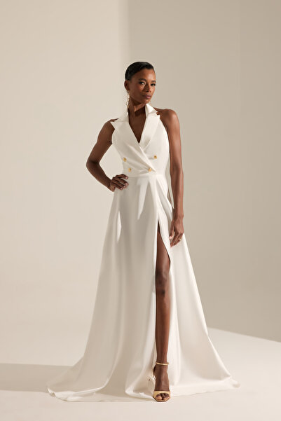 BETTY & SAM Torino Kloş Yırtmaçlı Beyaz Uzun Elbise