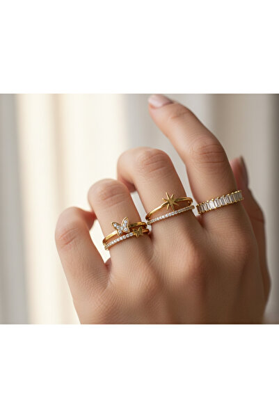 Ervalina 3'lü Zirkon Kutup Baget Kelebek Yüzük Seti (Ayarlnabilir)