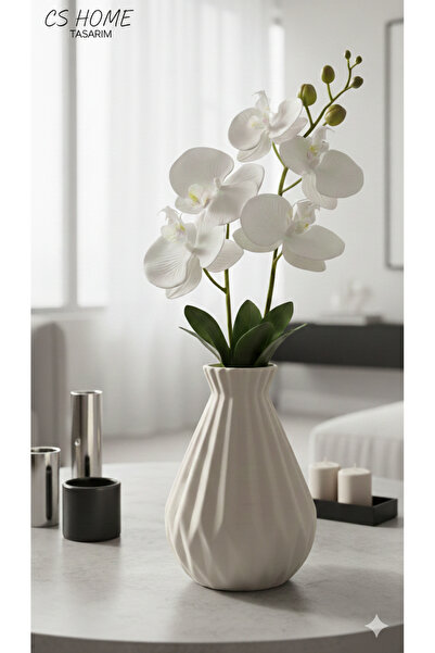 Lui Tasarım Lale Kesim Bohem İskandinav Tarzı Krem Renk Vazo ( 17 cm )